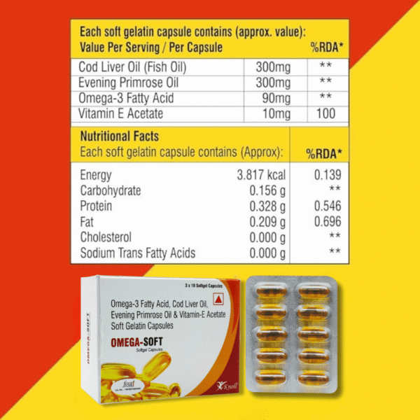 Omega-Soft Softgel Capsules | Omega-3 Fatty Acid | Cod Liver Oil | Vitamin-E Capsules (30 Capsules) - Image 2