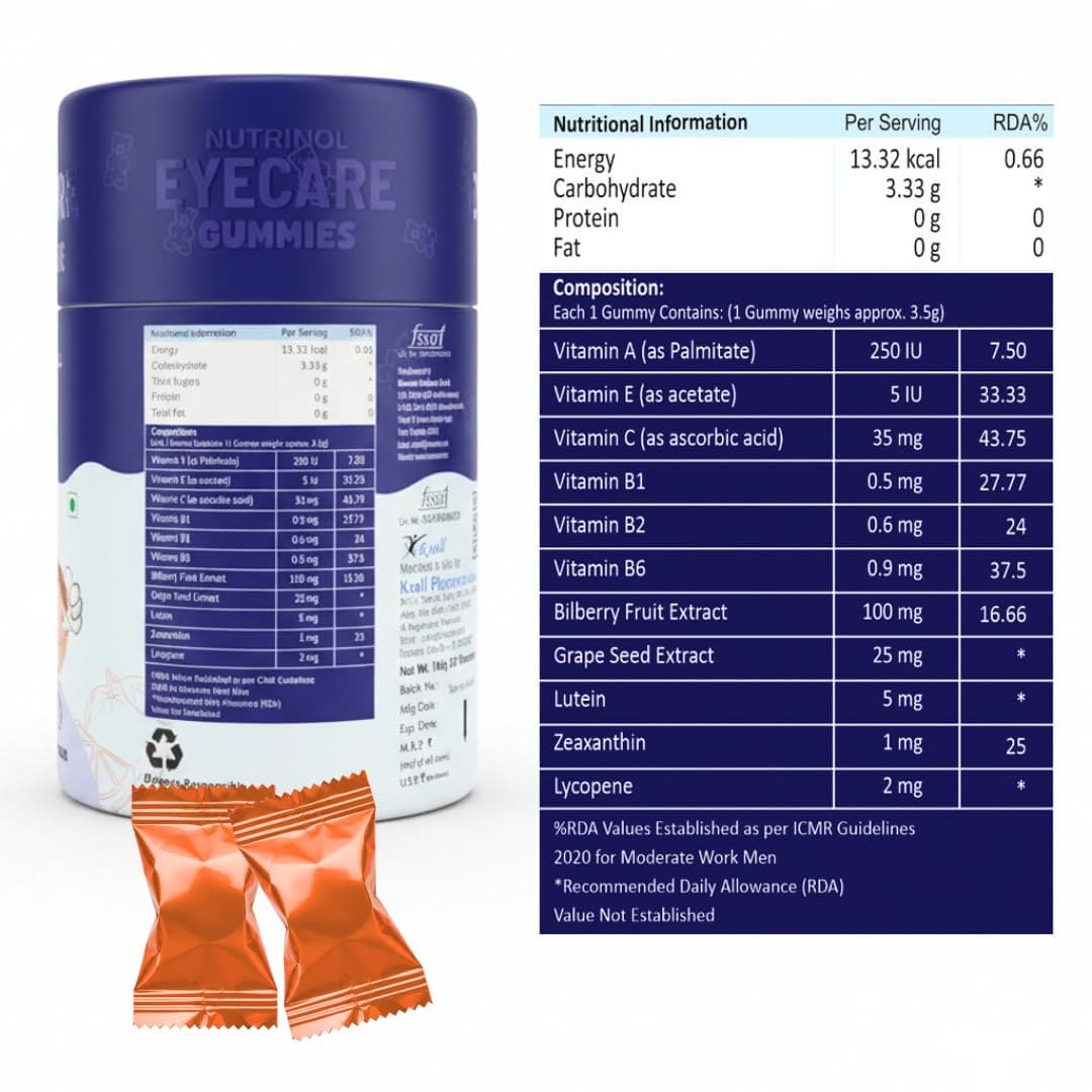 Nutrinol Eye Care Gummies with Lutein, Zeaxanthin & Bilberry Extract | Vitamins A, C, E & Antioxidants | Vision & Eye Health Support | 30 Gummies - Image 3