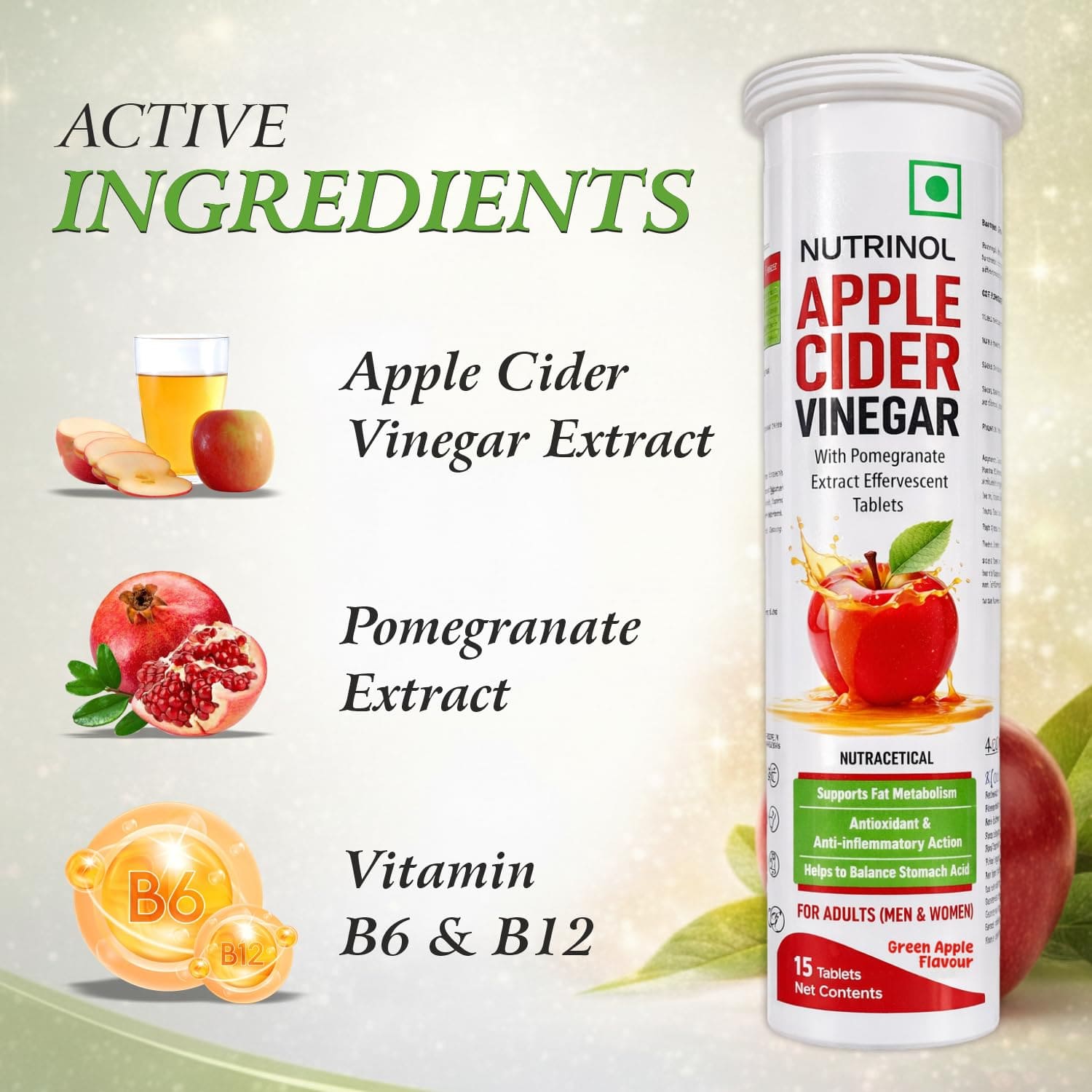 Nutrinol Apple Cider Vinegar Tablets 500 mg | With Pomegranate Extract & Vitamins B6 & B12 | Daily Wellness Supplement | 15 Tablets - Image 5