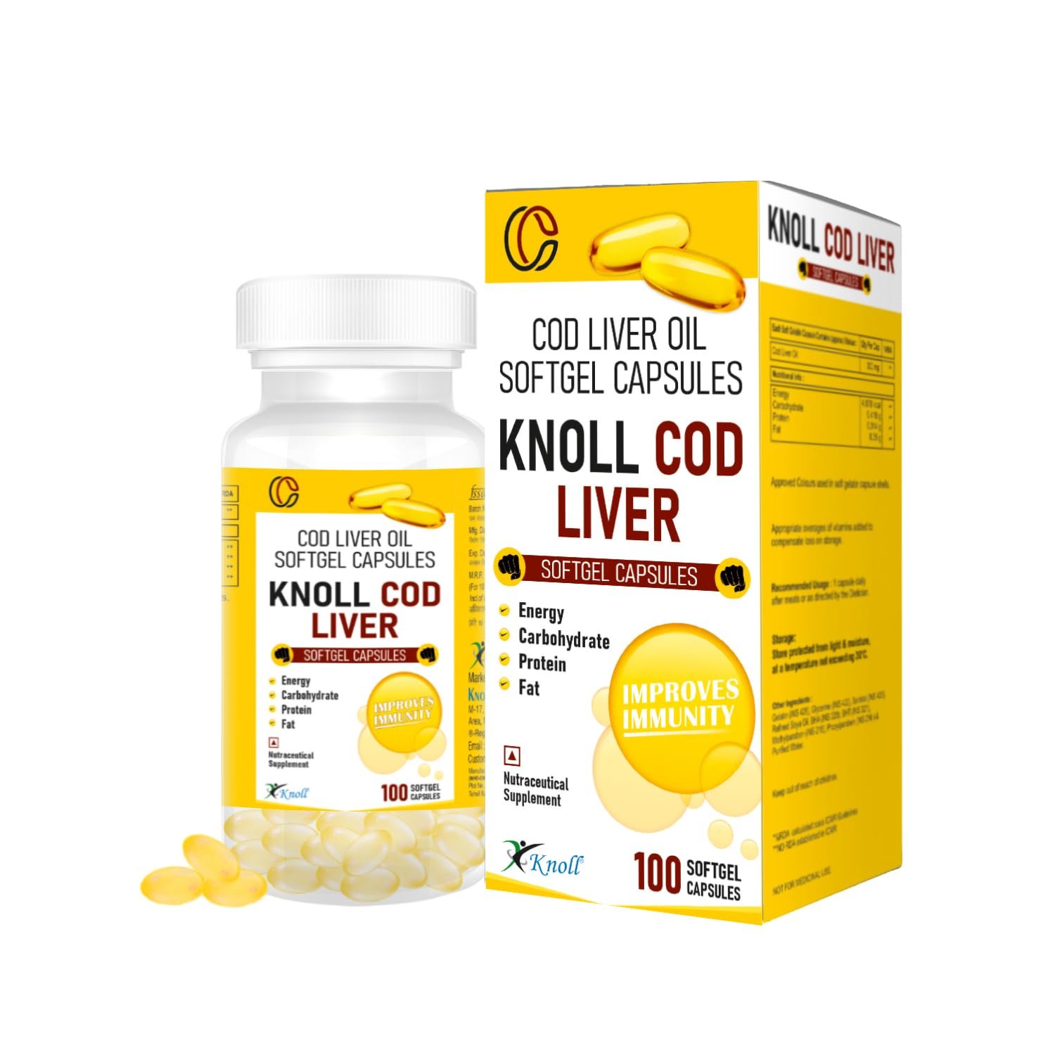 Knoll Healthcare Cod Liver Oil Capsules | Omega-3 with EPA & DHA | Contains Vitamin A & D | 100 Capsules