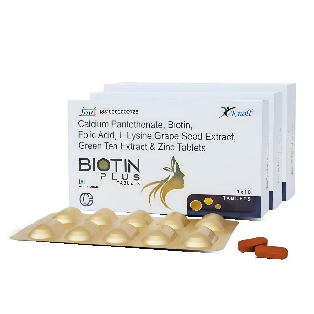 Knoll Biotin Plus Tablets | Biotin, Multivitamins, Zinc, Iron & Antioxidant Extracts | Grape Seed & Green Tea Formula | Daily Nutritional Supplement | (3×10 Capsules)