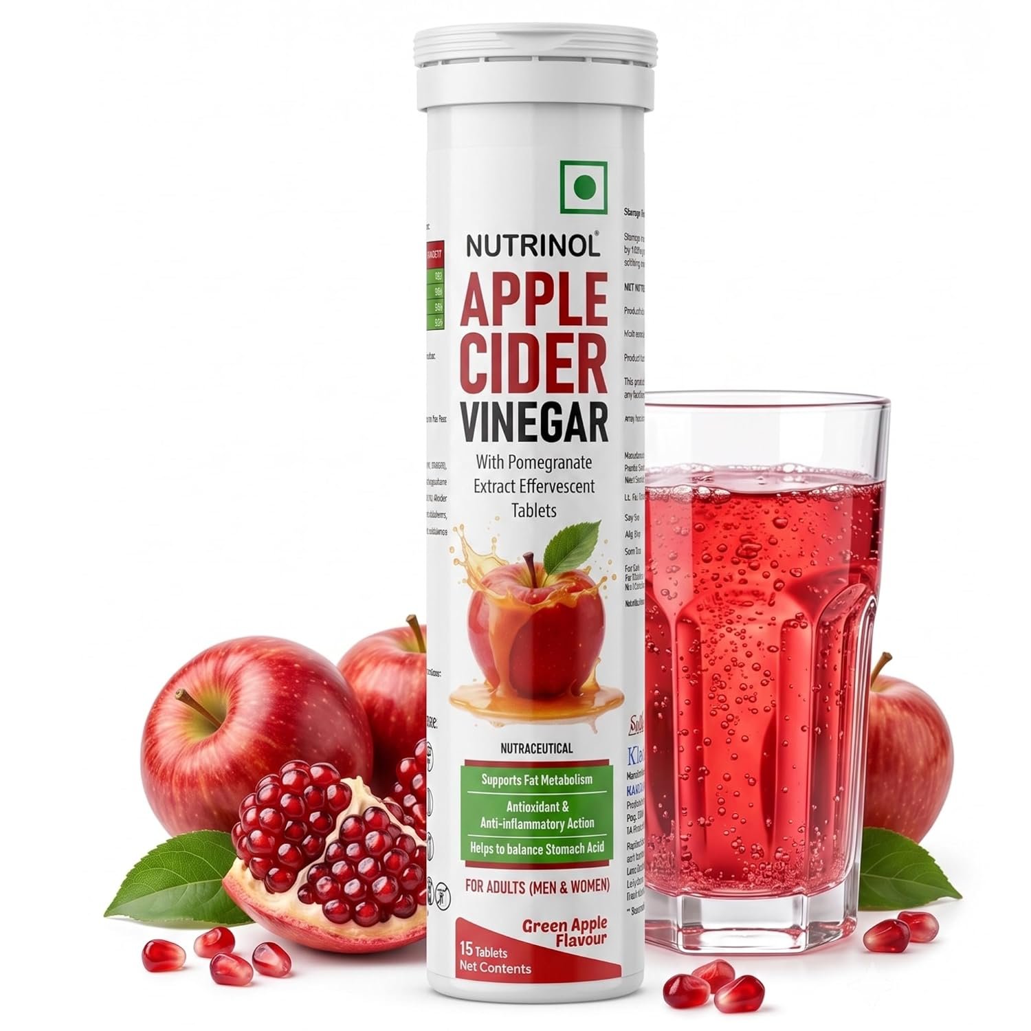 Nutrinol Apple Cider Vinegar Tablets 500 mg | With Pomegranate Extract & Vitamins B6 & B12 | Daily Wellness Supplement | 15 Tablets
