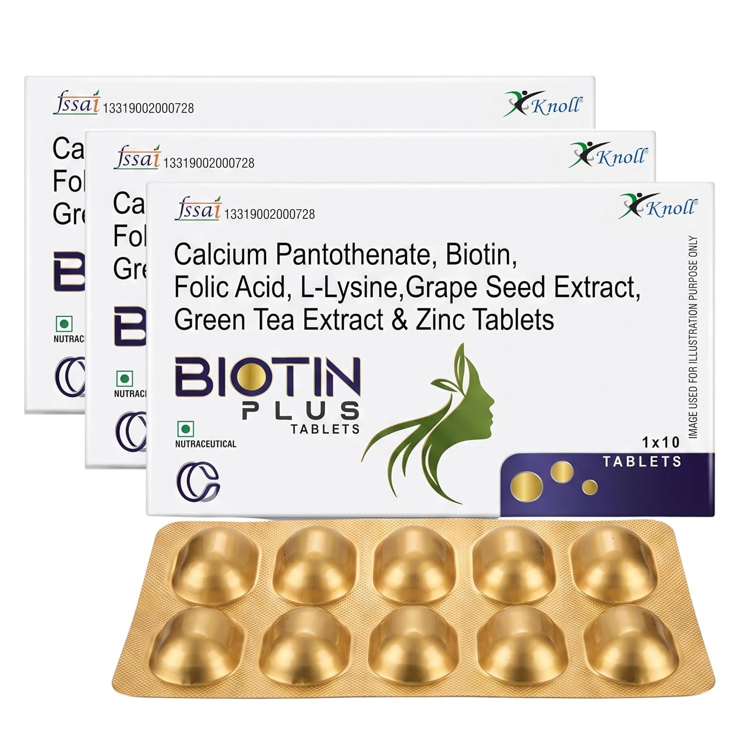 Knoll Biotin Plus Tablets | Biotin, Multivitamins, Zinc, Iron & Antioxidant Extracts | Grape Seed & Green Tea Formula | Daily Nutritional Supplement | (3×10 Capsules)