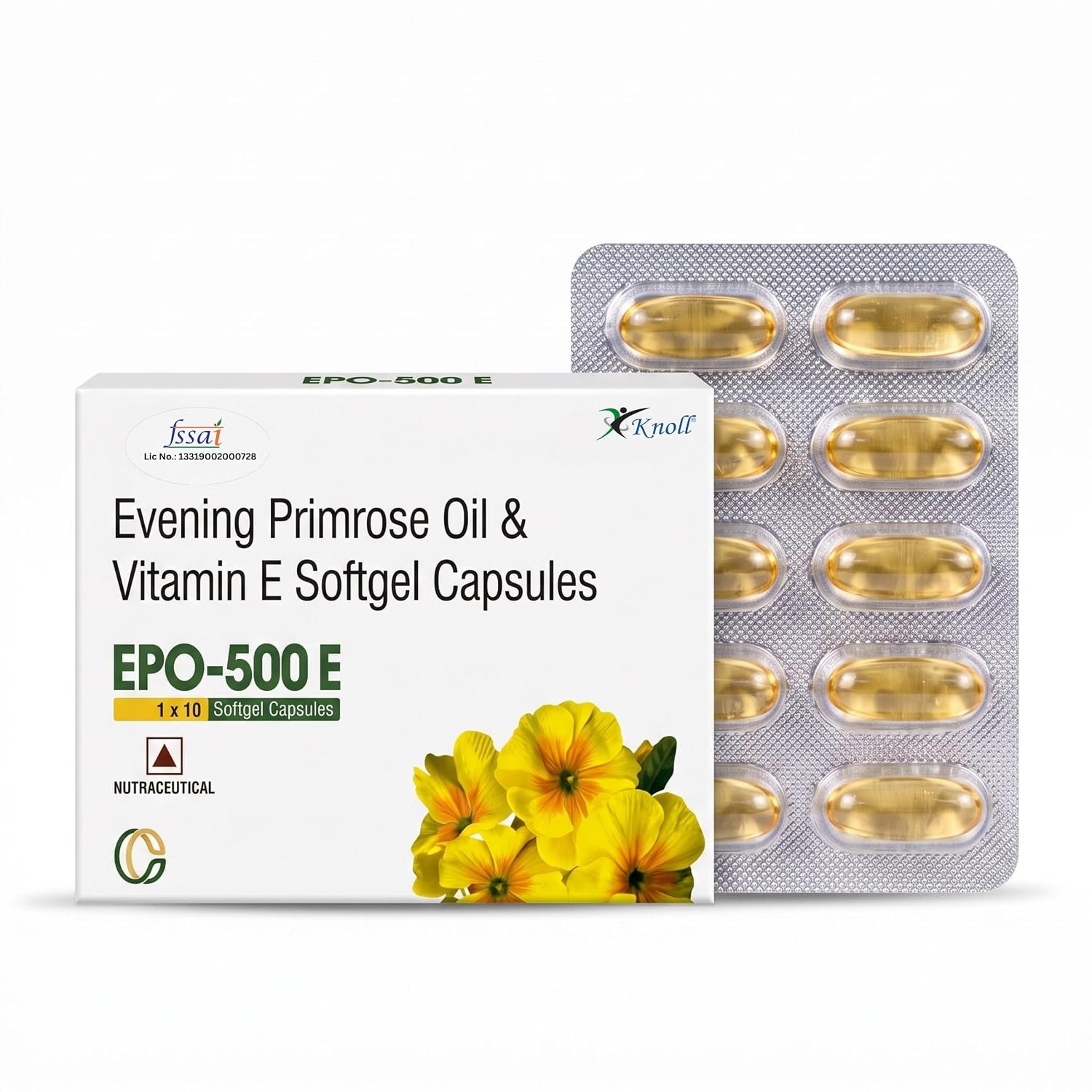 EPO-500E Softgel Capsules | Evening Primrose Oil 500 mg with Vitamin E | Daily Nutritional Supplement | 10 capsules