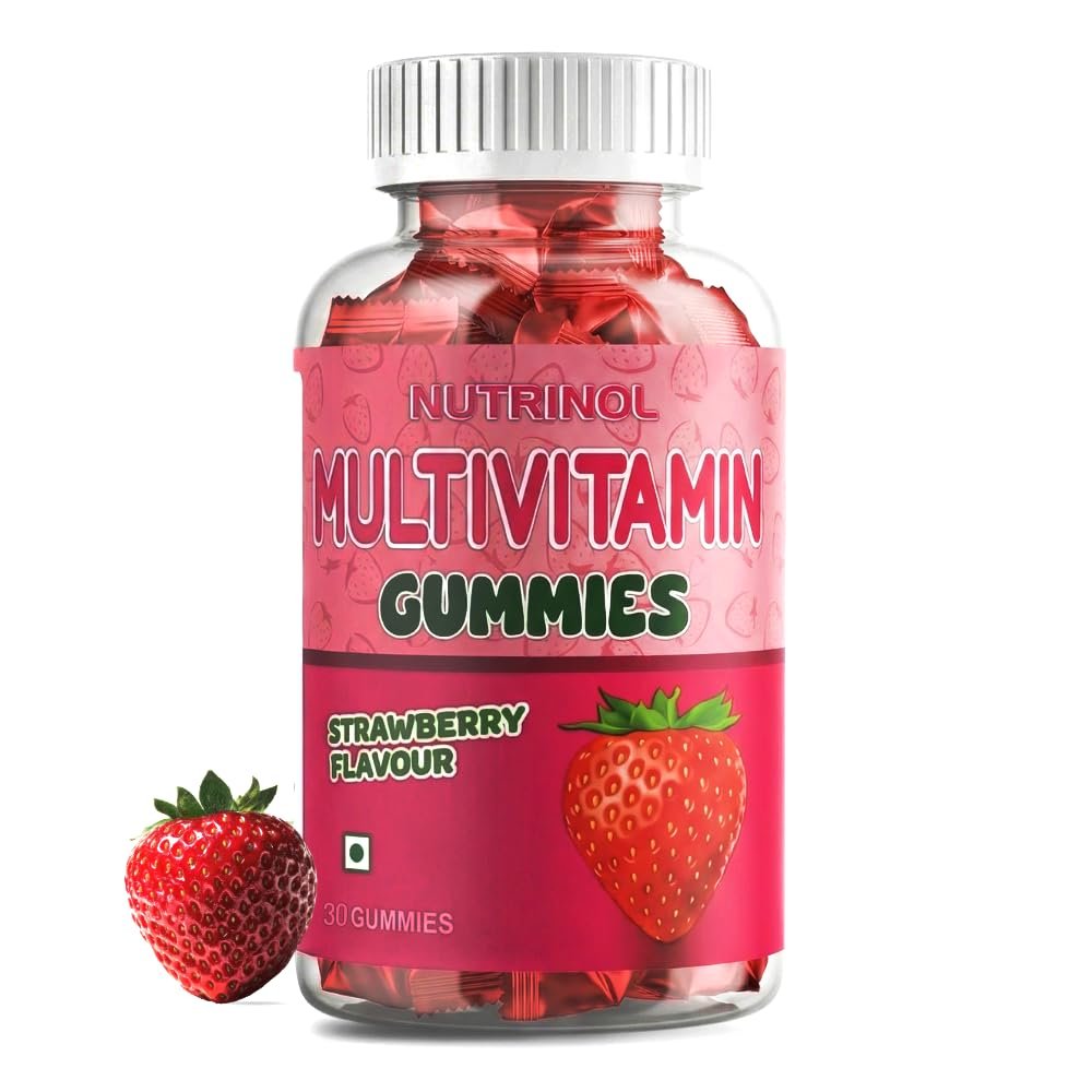 Nutrinol Multivitamin Gummies | With 12 Essential Vitamins, Zinc, Iron & Veg Omega-3 | Boosts Immunity, Energy & Skin Health | Strawberry Flavour | 30 Gummies | For Men & Women