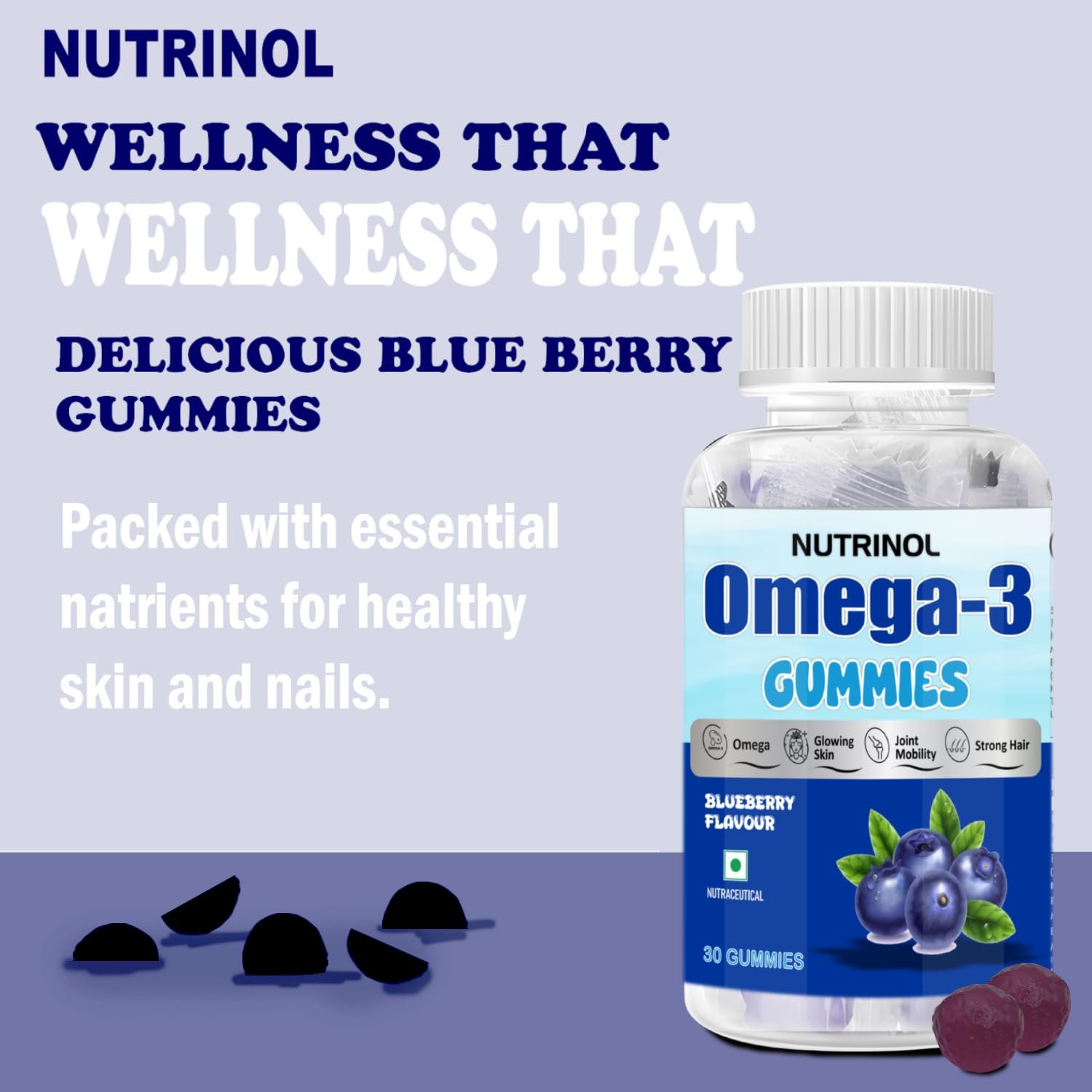 Nutrinol Omega Gummies | 145mg Omega Fatty Acids | Heart, Brain, Joint & Skin Support | Vegan & Gelatin-Free | Blueberry Flavour | For Men & Women | 30 Gummies - Image 2
