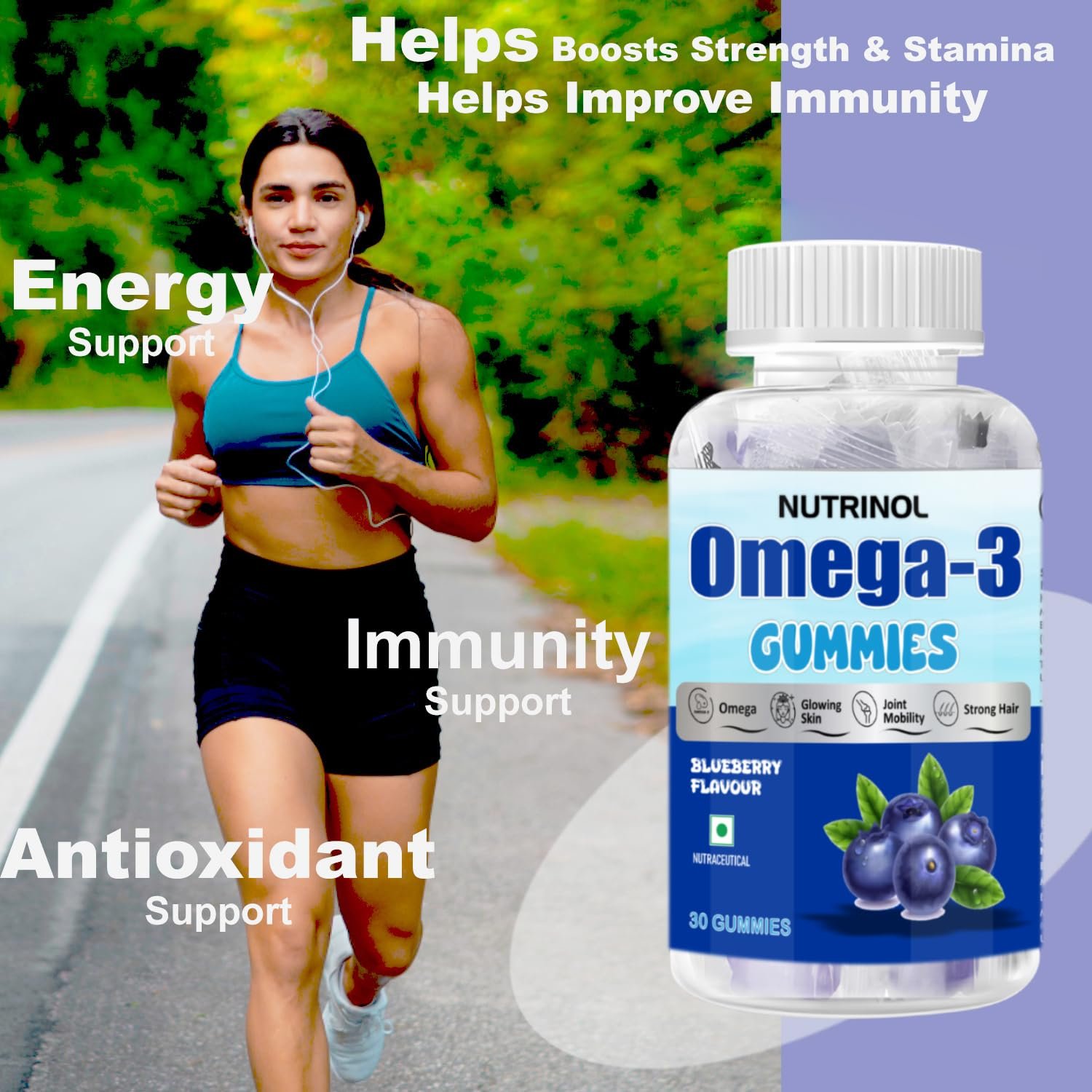 Nutrinol Omega Gummies | 145mg Omega Fatty Acids | Heart, Brain, Joint & Skin Support | Vegan & Gelatin-Free | Blueberry Flavour | For Men & Women | 30 Gummies - Image 3
