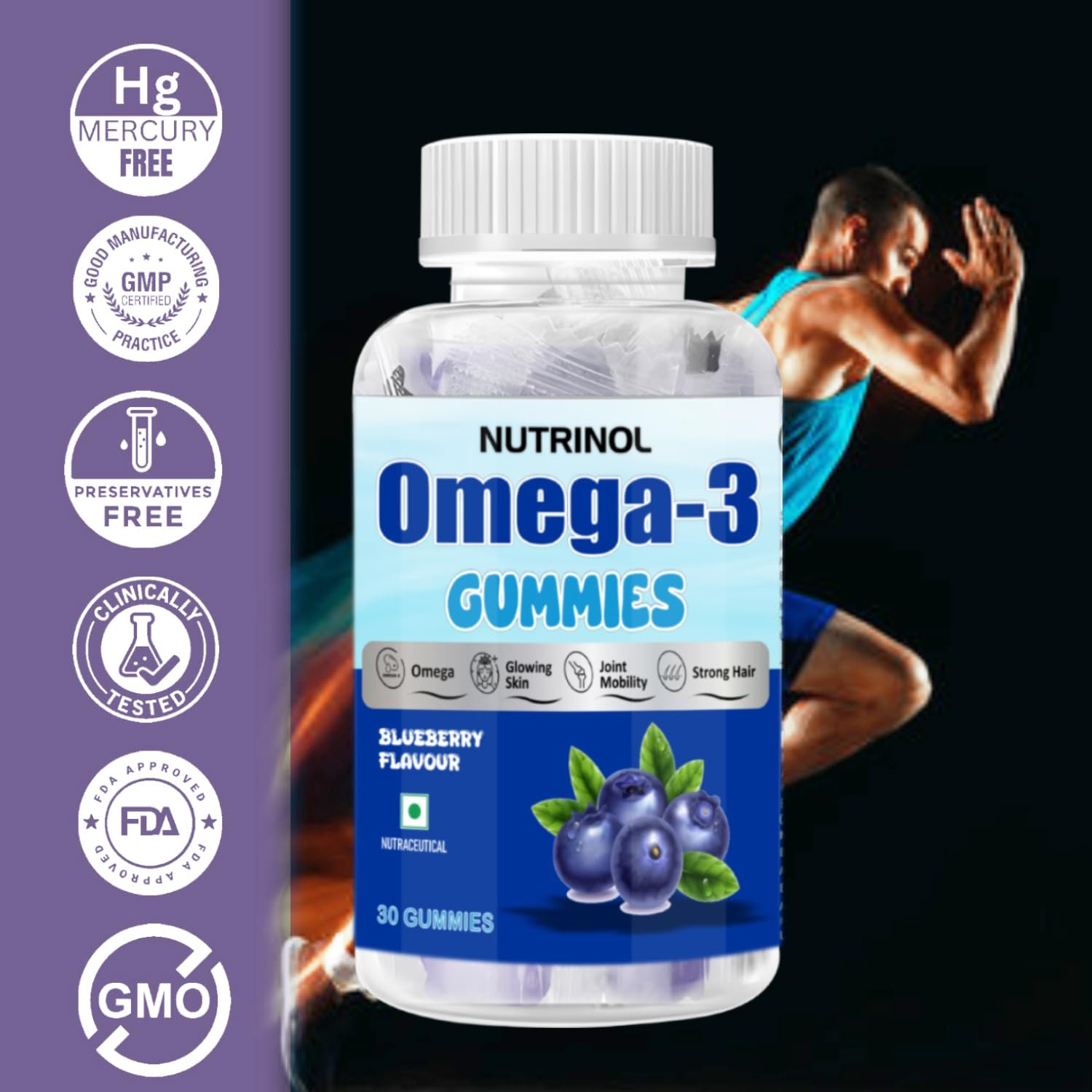 Nutrinol Omega Gummies | 145mg Omega Fatty Acids | Heart, Brain, Joint & Skin Support | Vegan & Gelatin-Free | Blueberry Flavour | For Men & Women | 30 Gummies - Image 4