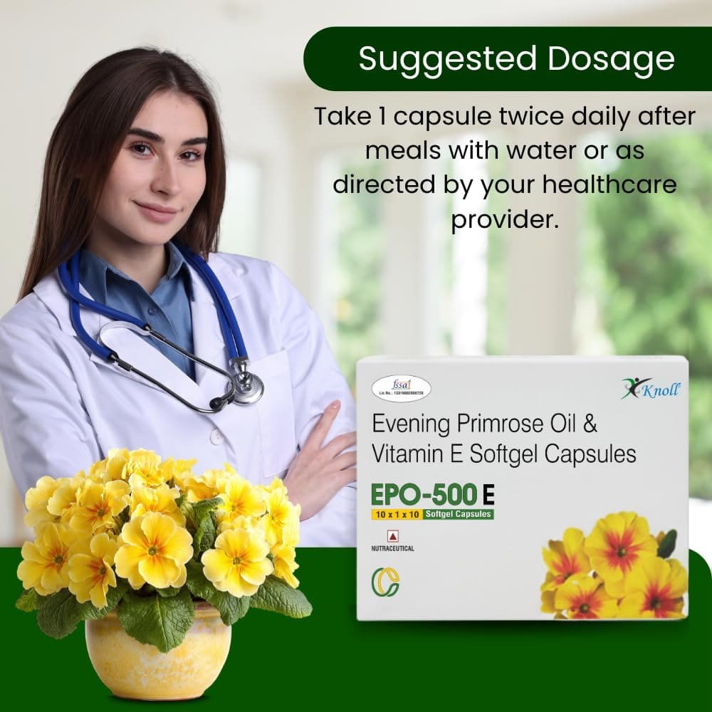 EPO-500E Softgel Capsules | Evening Primrose Oil 500 mg with Vitamin E | Daily Nutritional Supplement | 10 capsules - Image 4