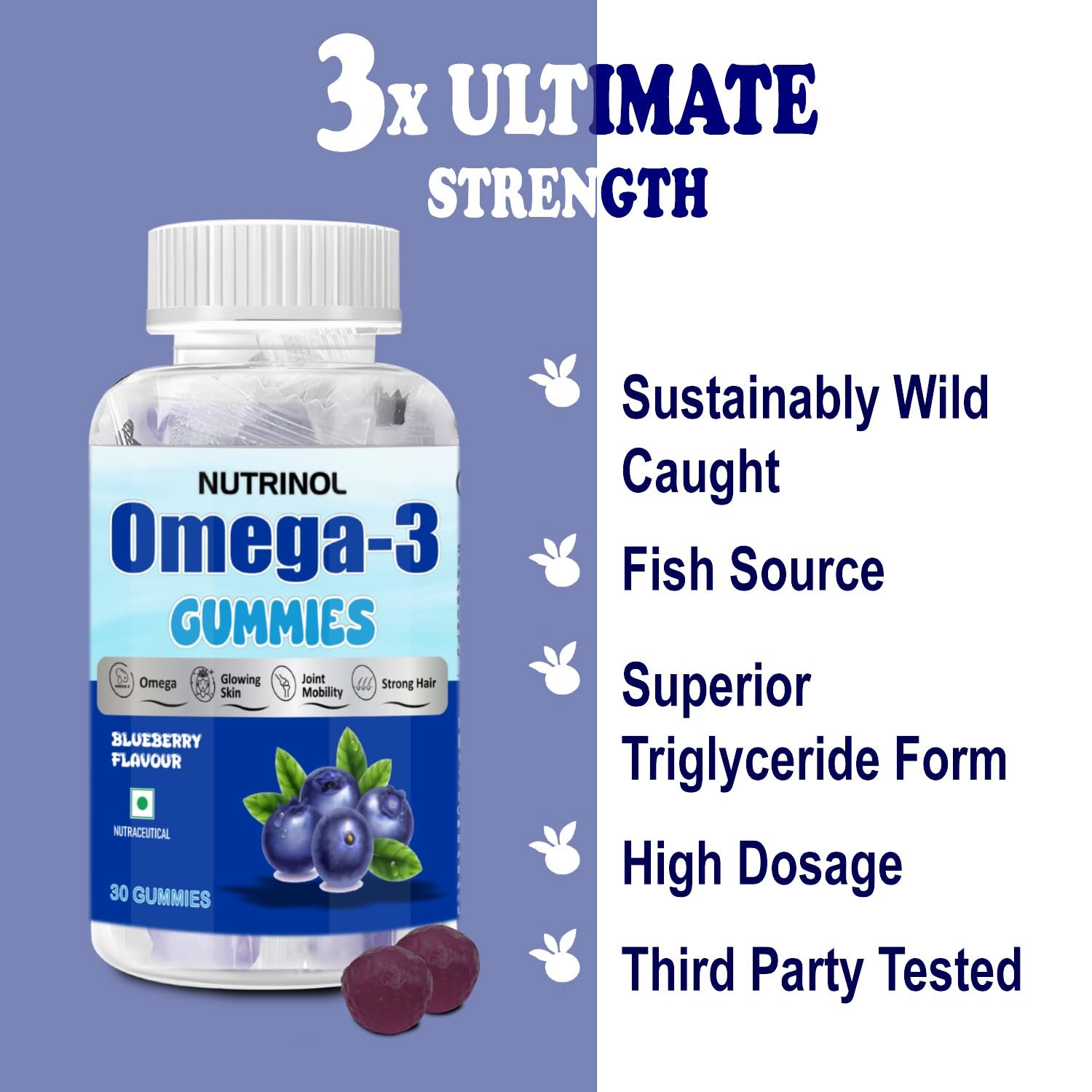 Nutrinol Omega Gummies | 145mg Omega Fatty Acids | Heart, Brain, Joint & Skin Support | Vegan & Gelatin-Free | Blueberry Flavour | For Men & Women | 30 Gummies - Image 5