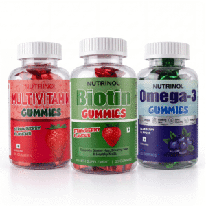 Nutrinol Gummies Combo Pack | Omega-3 Gummies + Multivitamin Gummies + Biotin Gummies | Strawberry Flavour | For Men & Women