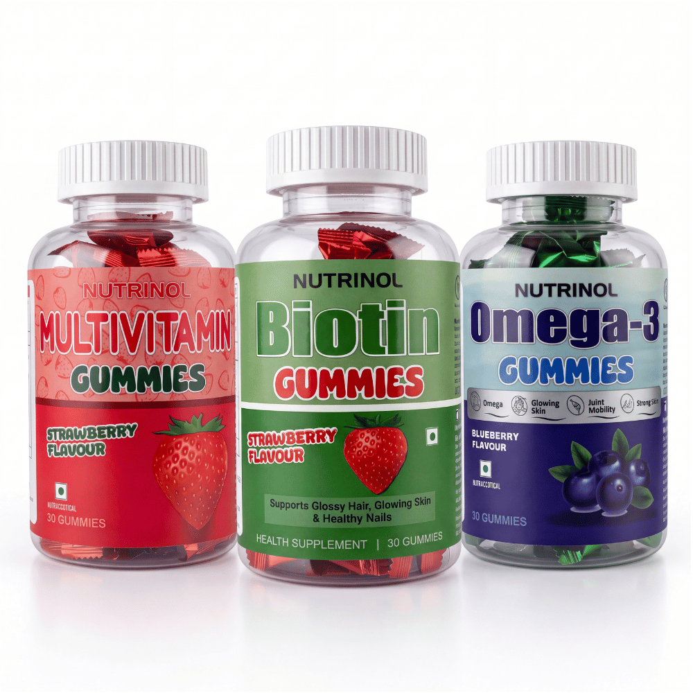 Nutrinol Gummies Combo Pack | Omega-3 Gummies + Multivitamin Gummies + Biotin Gummies | Strawberry Flavour | For Men & Women